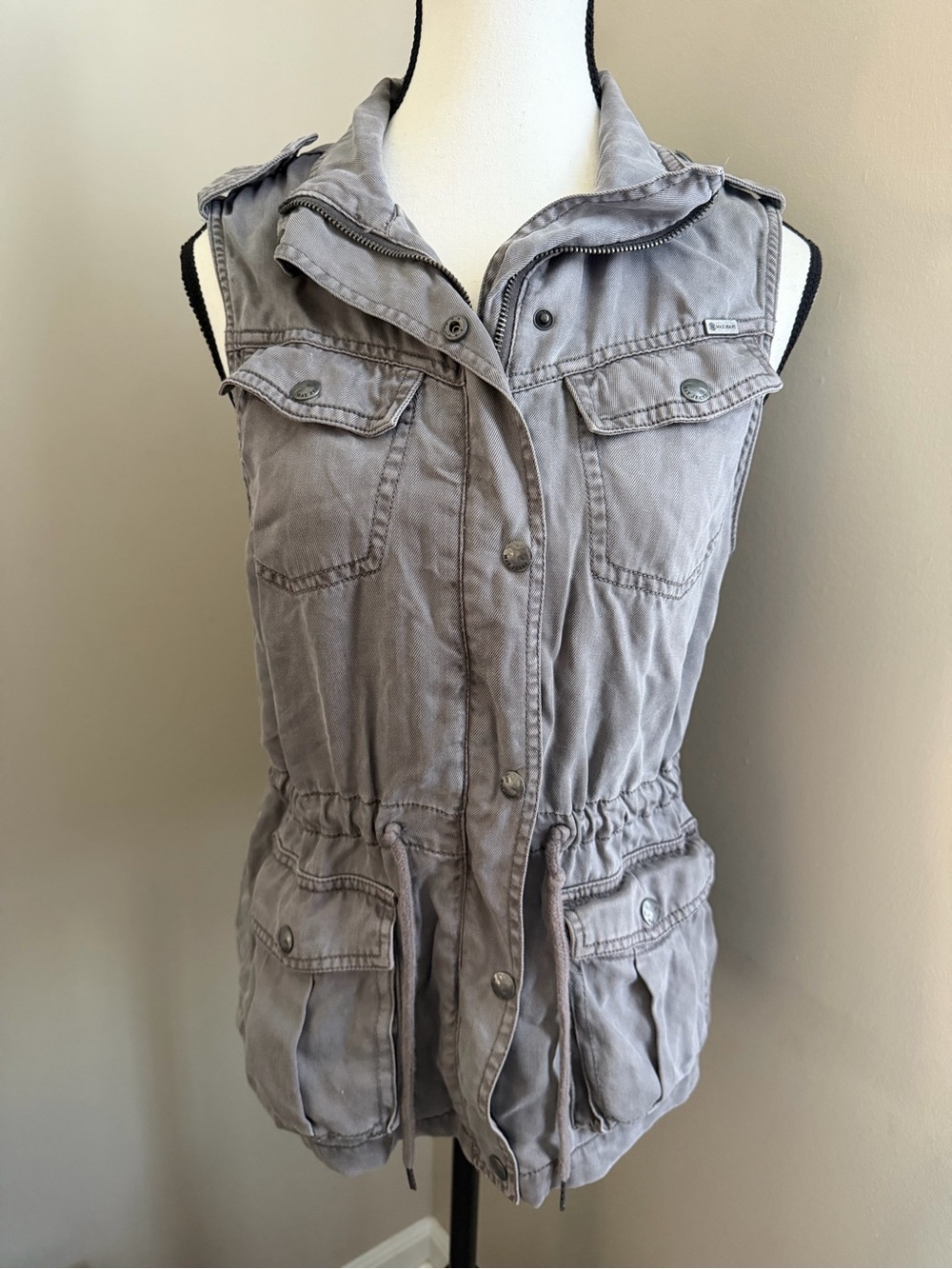 MAX JEANS Gray Garment Washed Tencel Utility‎ Cargo Safari Vest Womens XS Zip